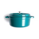 A turquoise Staub cast iron 4-quart round cocotte pot with a white background.
