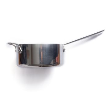 The side profile of a medium saucepan over a white background.