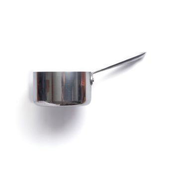 A side view of a small saucepan over a white background.