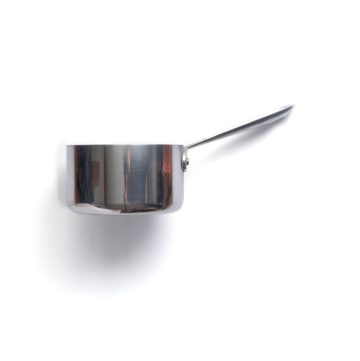 A side view of a small saucepan over a white background.