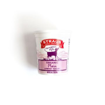 One quart of plain yogurt over a white background.