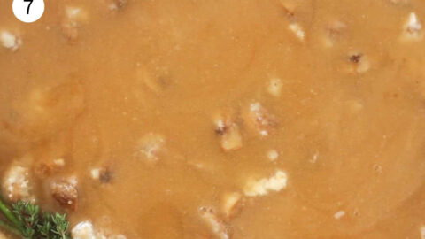 Close up of vegan gravy in a pan to show the thickened consistency.