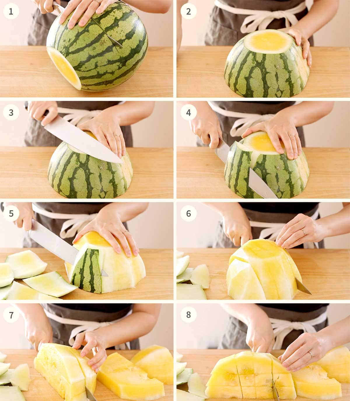 Pictures showing steps 1 through 8 on how to easily cut a watermelon into chunks.