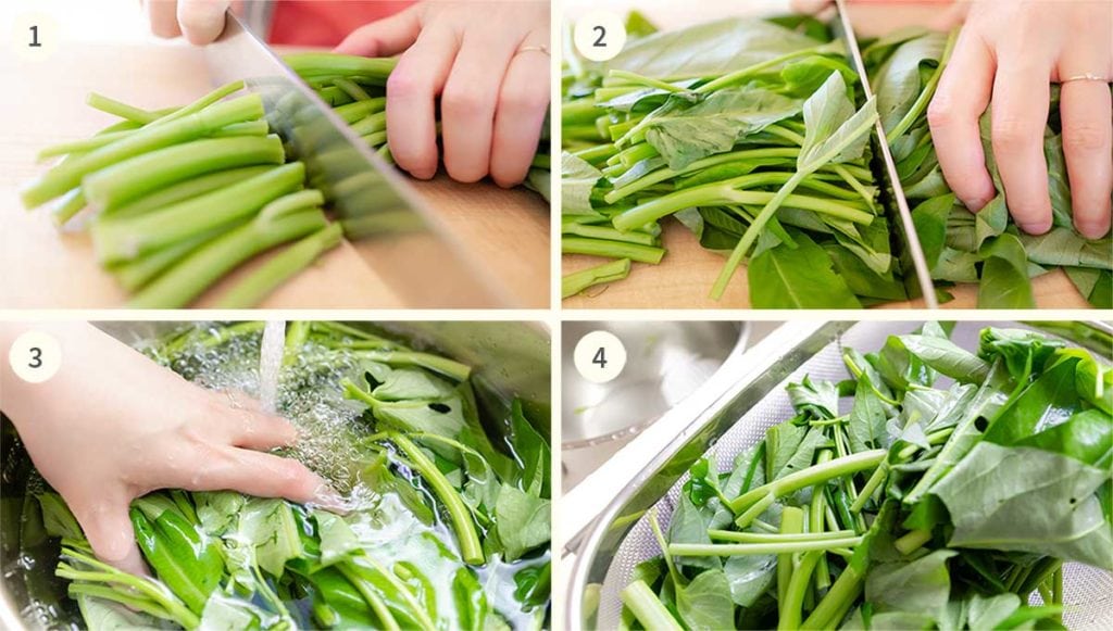 Four images showing how to prepare morning glory: 1. cutting stems into 3-inch sections. 2. cutting the leaves into sections. 3. washing in cold tap water. 4. draining in a colander.