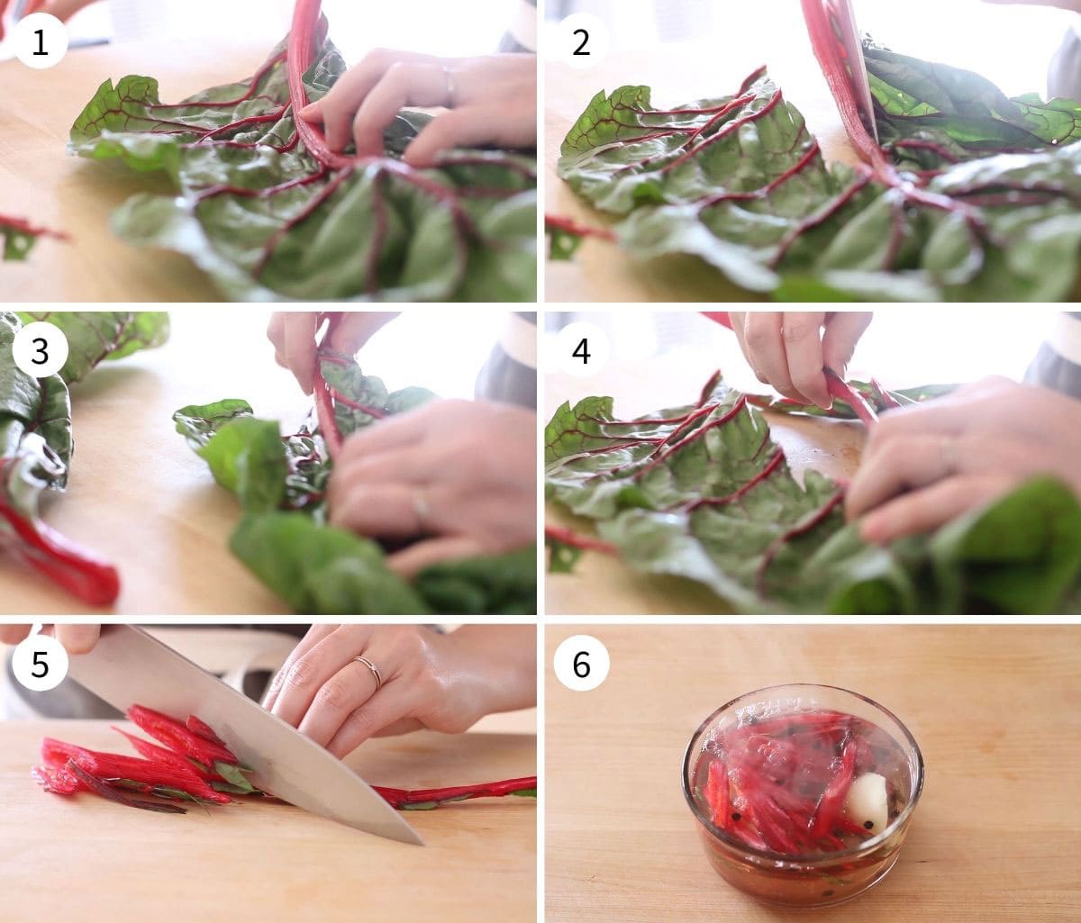 Step by step photos on how to de-stem swiss chard and slice the stems on a bias to prepare for quick pickling.