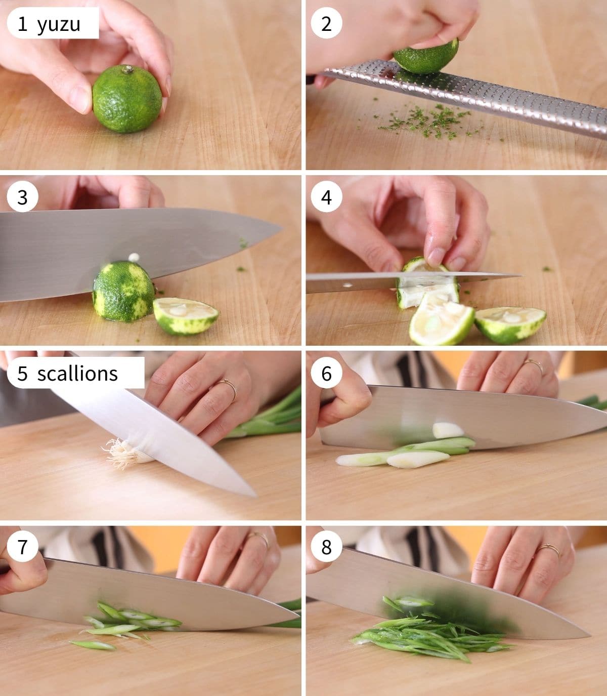 Step by step photos on how to zest and cut a fresh yuzu and how to cut the scallions.