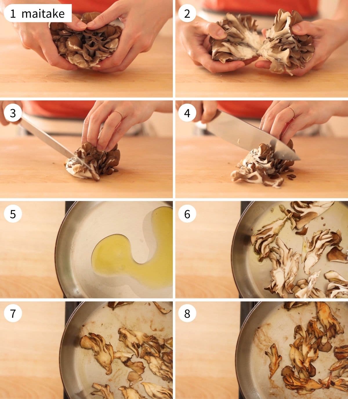 Eight step-by-step photos on how to cut and then sear maitake mushrooms (also known as hen-of-the-wood mushroom).