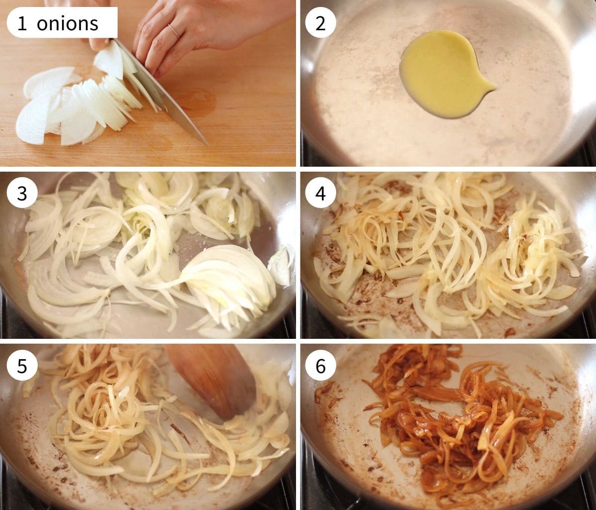 Six step-by-step photos on how to caramelize onions from thinly slicing an onion to slowly cooking them on medium-low heat in a pan.