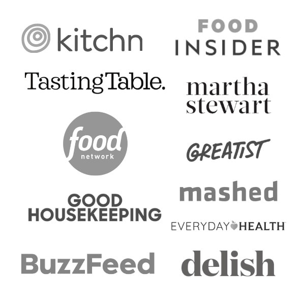 Text logos for the following publications or companies displayed: The Kitchn, Food Insider, Tasting Table, Martha Stewart, Food Network, Greatist, Good Housekeeping, Mashed, Everyday Health, BuzzFeed, and Delish.