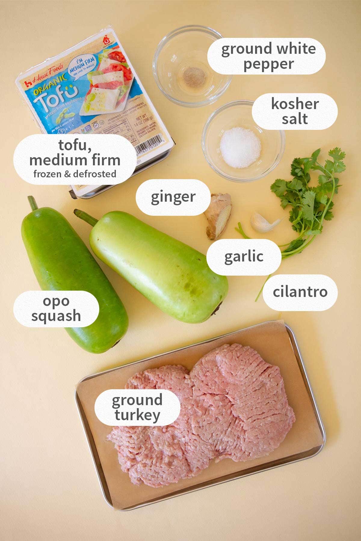 Labeled ingredients for opo squash soup over a light yellow background.