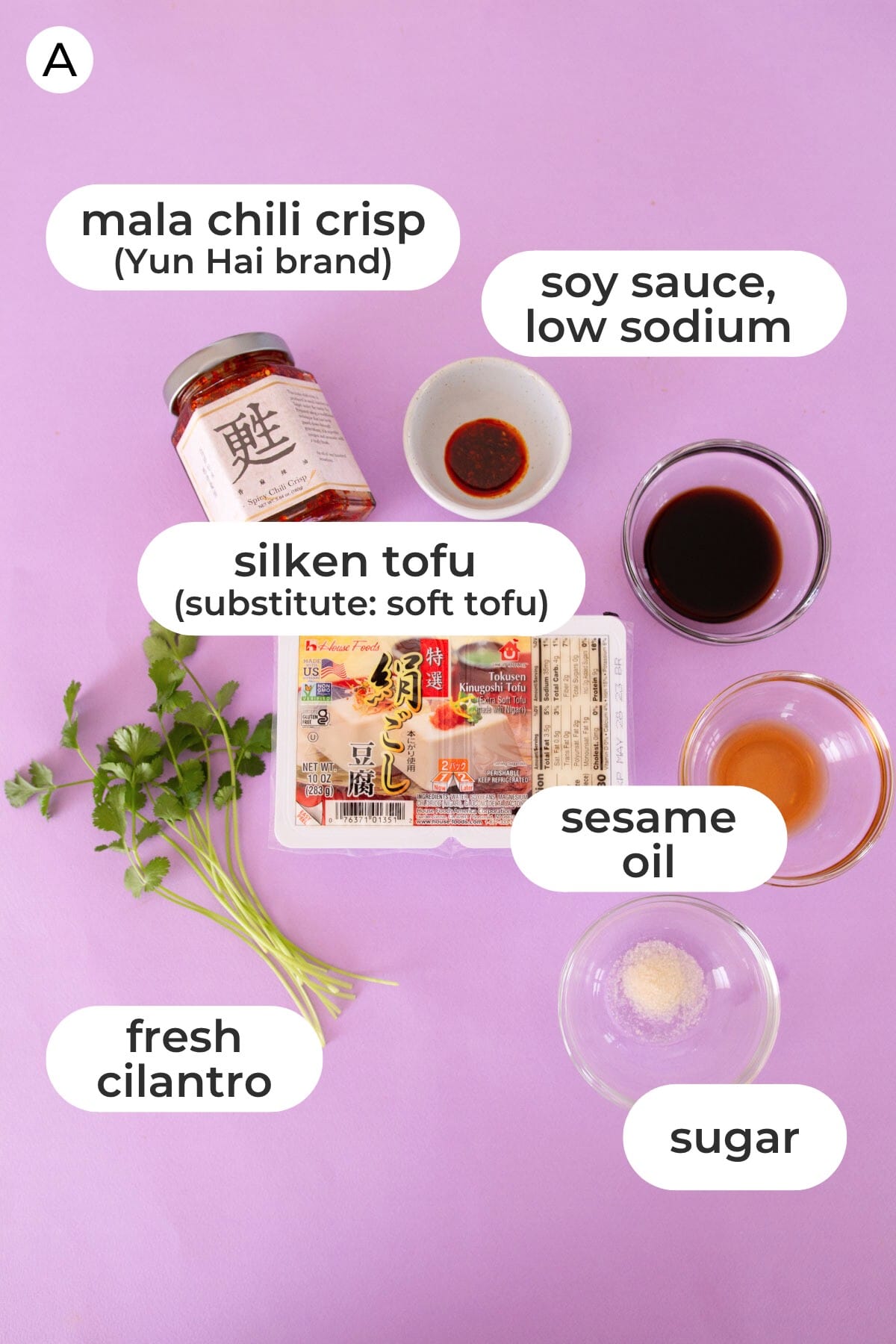 Ingredients of silken tofu with mala chili crisp topping laid out over a purple background and labeled with an "A" as well as the ingredient names: mala chili crisp (Yun Hai brand), low sodium soy sauce, silken tofu (substitute: soft tofu), sesame oil, fresh cilantro, and sugar.