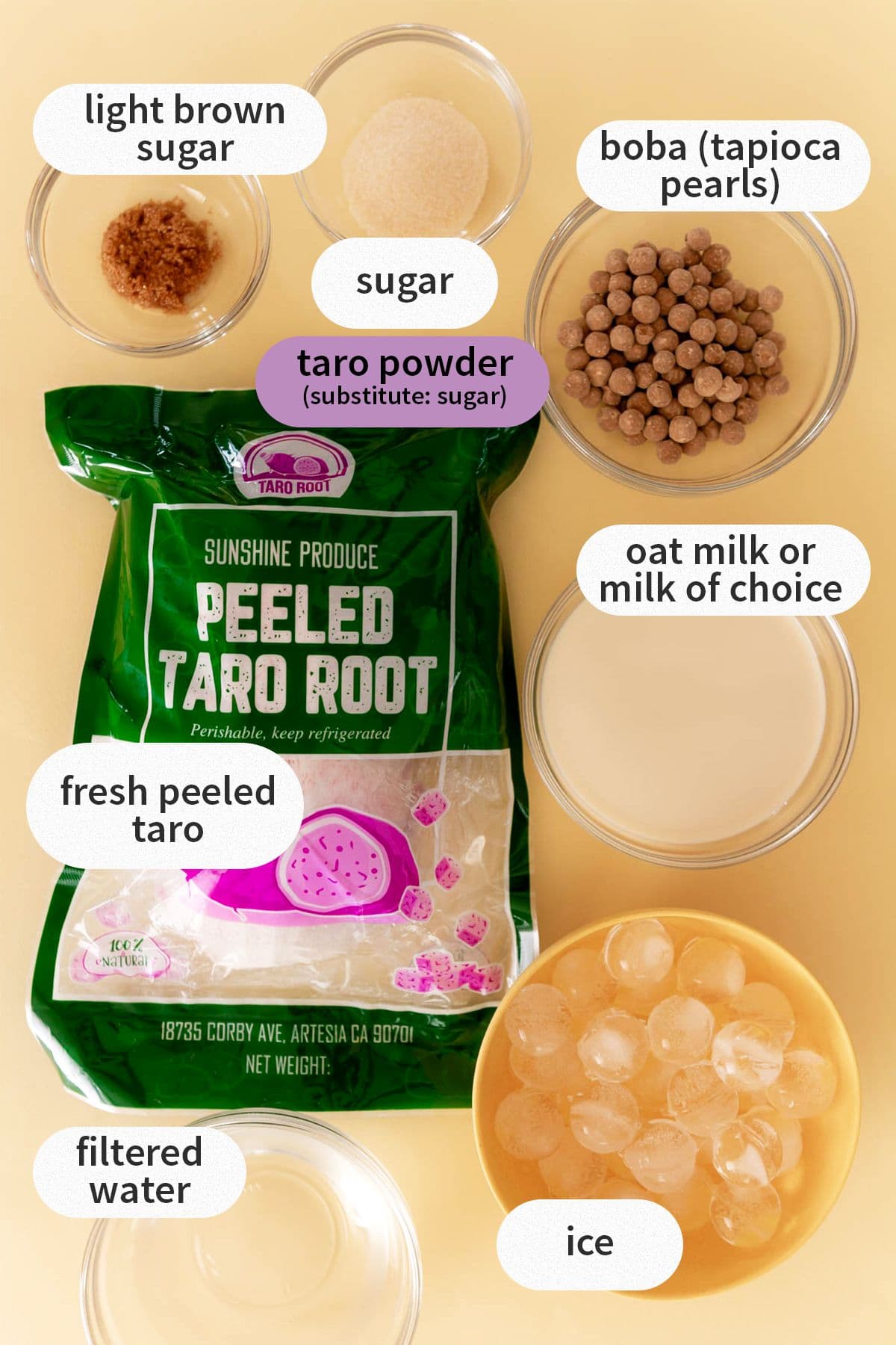 Taro boba milk tea ingredients laid out over a yellow background and labeled with: light brown sugar, sugar, taro powder (substitute: sugar), boba (tapioca pearls), fresh peeled taro, oat milk or milk of choice, filtered water, and ice.