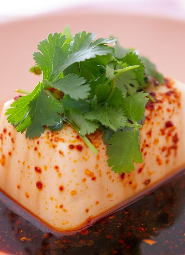 Silken tofu topped with Taiwanese chili crisp, sesame oil, soy sauce, and fresh cilantro in a shallow, pink bowl.