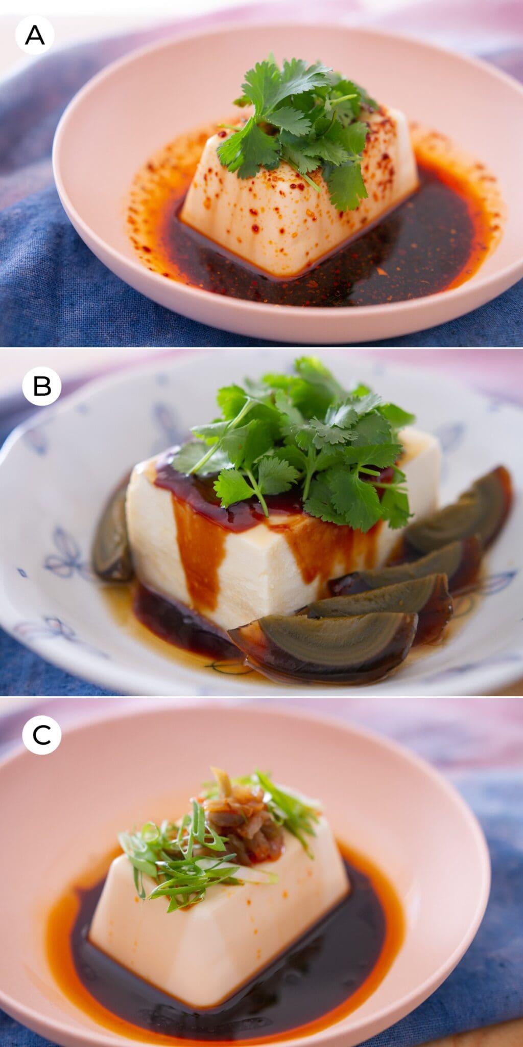 5 minute recipe for silken tofu (soft tofu) with 3 savory sauces 凉拌豆腐