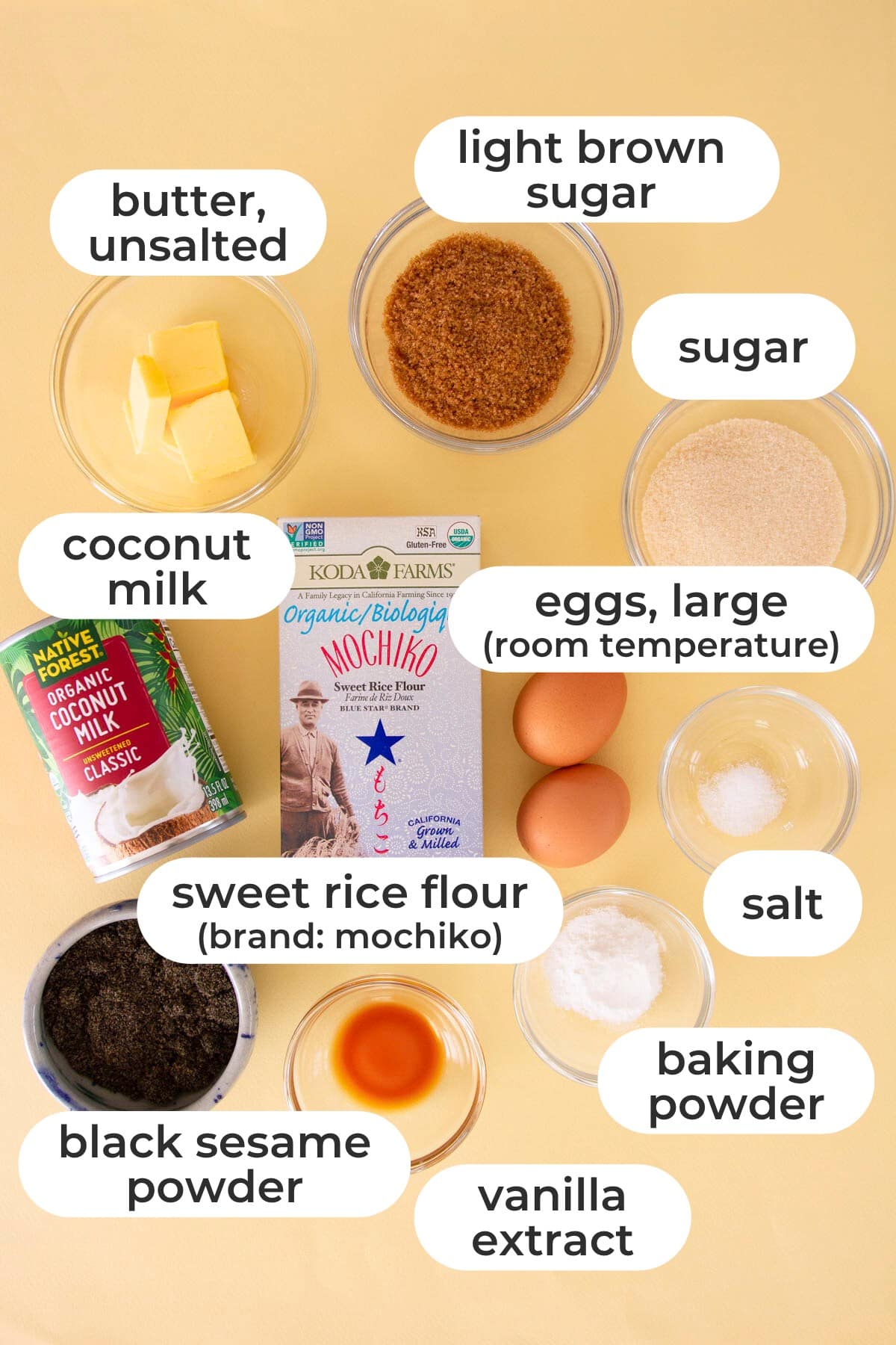Labeled ingredients for black sesame mochi muffins over a yellow background, including unsalted butter, light brown sugar, sugar, coconut milk, eggs (room temperature), sweet rice flour (brand: mochiko), salt, black sesame powder, vanilla extract, and baking powder.