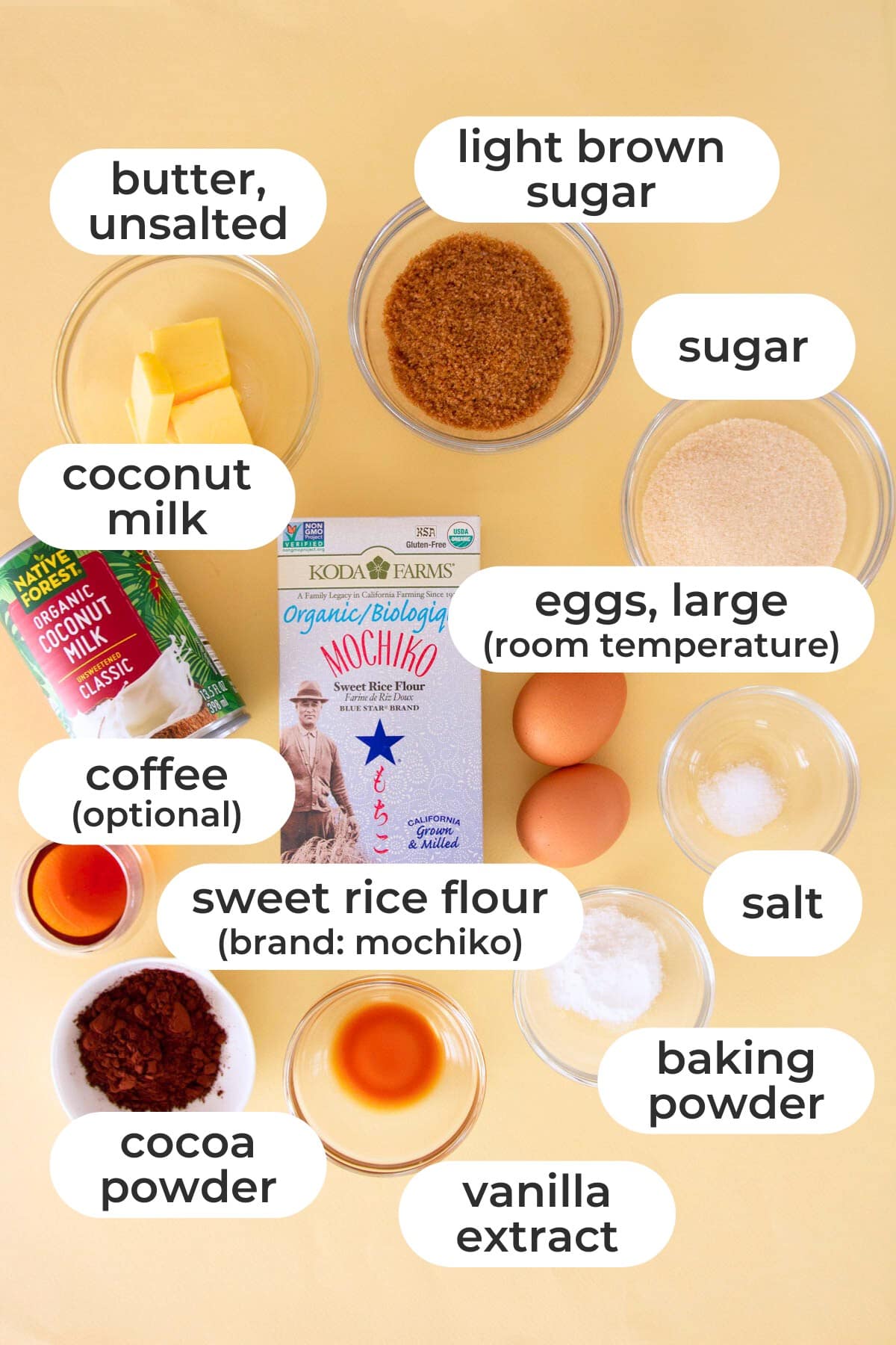 Labeled ingredients for chocolate mochi muffins over a yellow background, including unsalted butter, light brown sugar, sugar, coconut milk, eggs (room temperature), coffee (optional), sweet rice flour (brand: mochiko), salt, cocoa powder, vanilla extract, and baking powder.