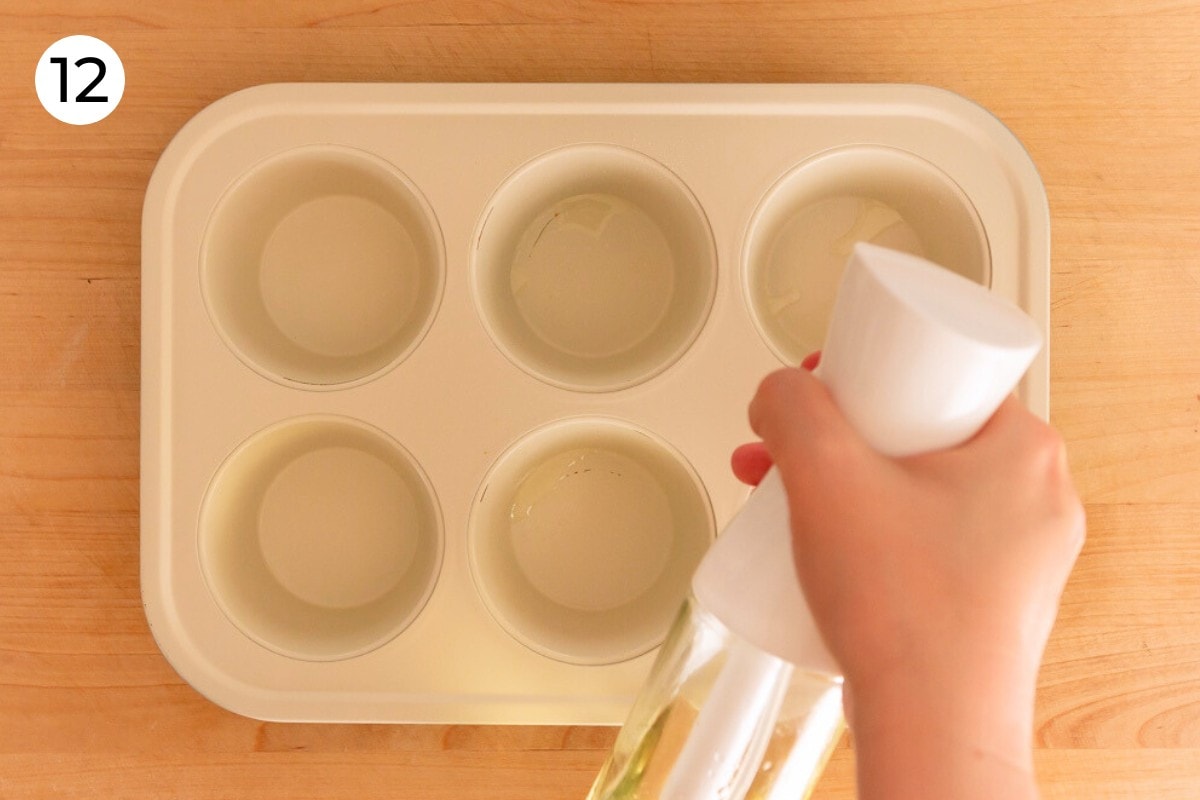 Cindy spraying cooking oil into a muffin pan, labeled with a circled number "12."