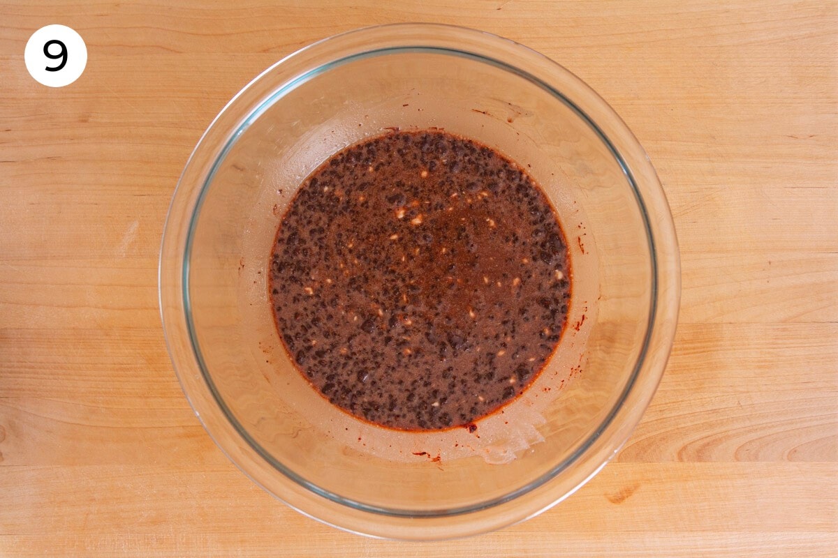 Wet batter with cocoa powder and coffee mixed in, labeled with a circled number "9."