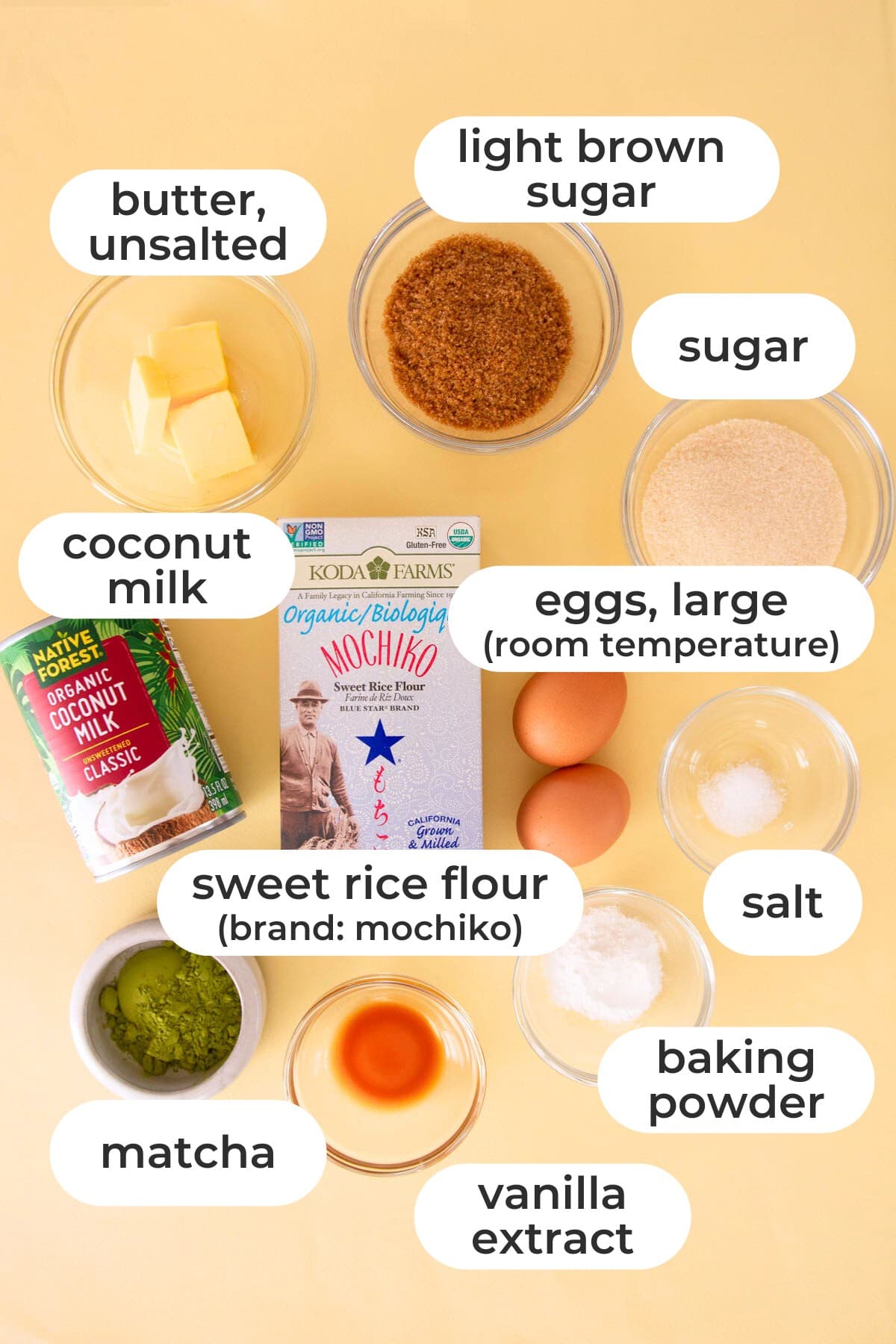 Labeled ingredients for matcha mochi muffins over a yellow background, including unsalted butter, light brown sugar, sugar, coconut milk, eggs (room temperature), sweet rice flour (brand: mochiko), salt, matcha, vanilla extract, and baking powder.