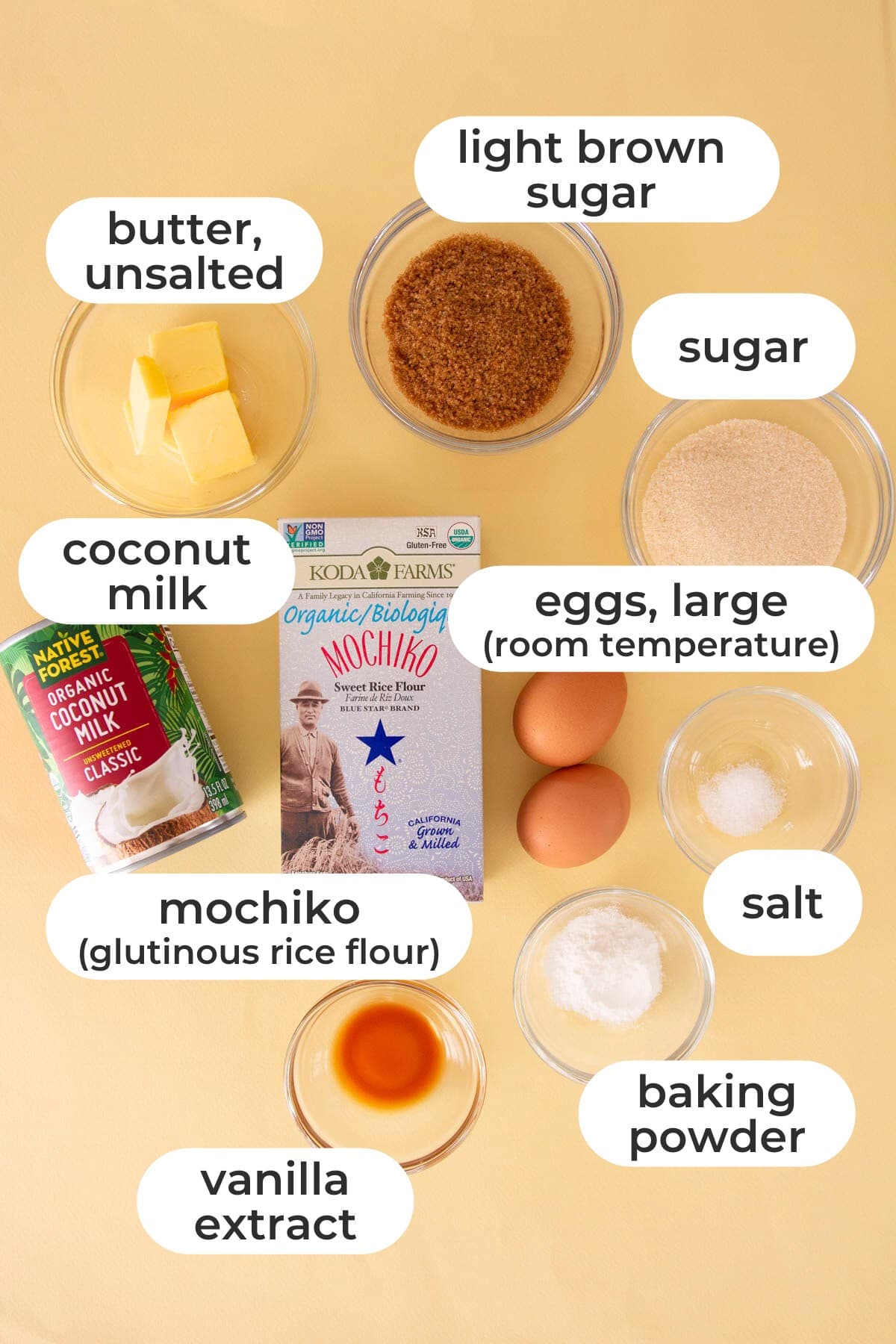 Labeled ingredients for mochi muffins over a yellow background, including unsalted butter, light brown sugar, sugar, coconut milk, eggs (room temperature), mochiko (glutinous rice flour), salt, vanilla extract, and baking powder.