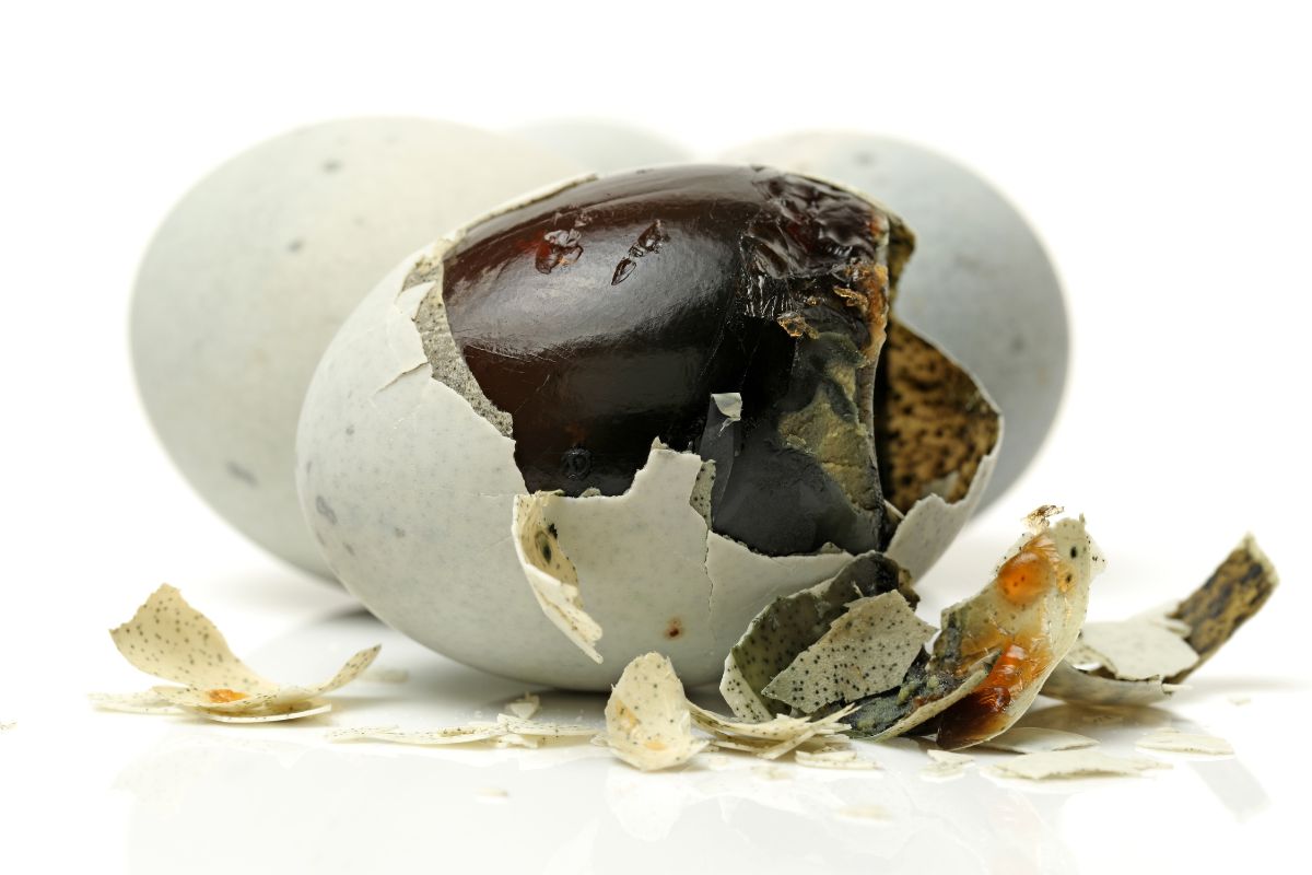 A partially peeled century egg on a white surface.