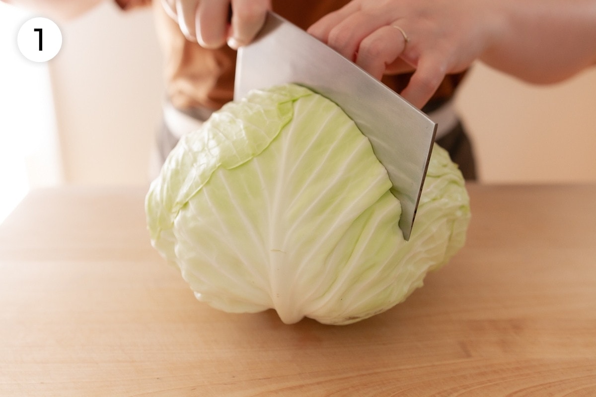 Cindy cutting a head of Taiwanese cabbage in half, labeled with a circled number "1."