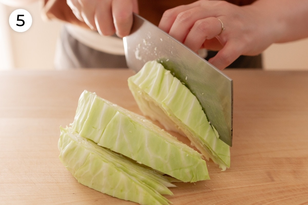 Cindy cutting Taiwanese cabbage into 1-inch wide strips, labeled with a circled number "5."