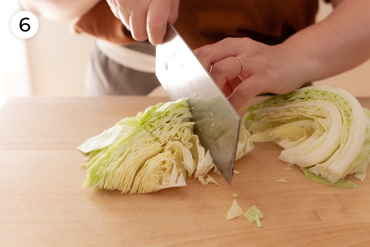 Cindy cutting the strips of Taiwanese cabbage into roughly 1-inch wide pieces, labeled with a circled number "6."