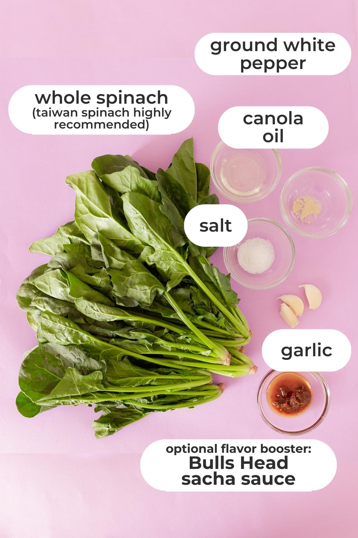 Labeled ingredients for stir-fry spinach over a purple background, including a large bunch of whole spinach ("taiwan spinach highly recommended"), canola oil, salt, ground white pepper, garlic, and an optional flavor booster: Bulls Head sacha sauce.