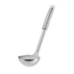 A metal, stainless-steel soup ladle over a white background.