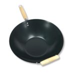 A 14-inch flat-bottomed wok with two wood handles over a white background.