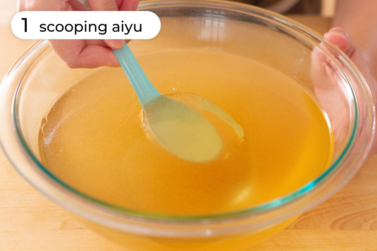 Scooping fresh aiyu step 1: Cindy scooping freshly formed aiyu jelly a turquoise Asian soup spoon.