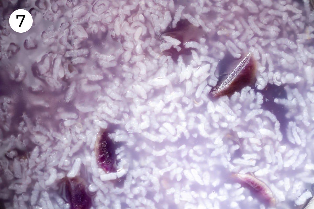 Recipe step 7: Top-down and close up view of purple sweet potato congee, showing the grains of rice breaking down.