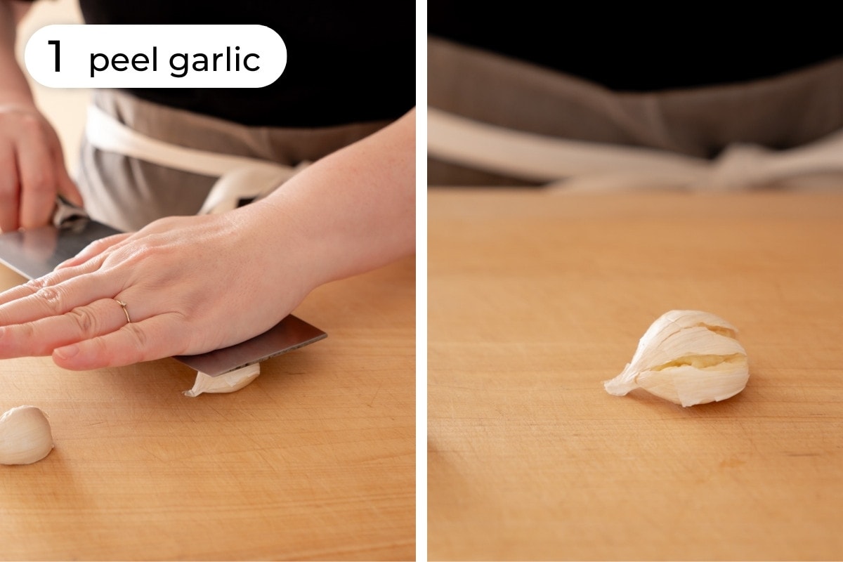 Recipe step 1 - peel garlic: Cindy smashing a clove of garlic with the side of a clever on the left and the same clove of garlic with loosened peel on the right.