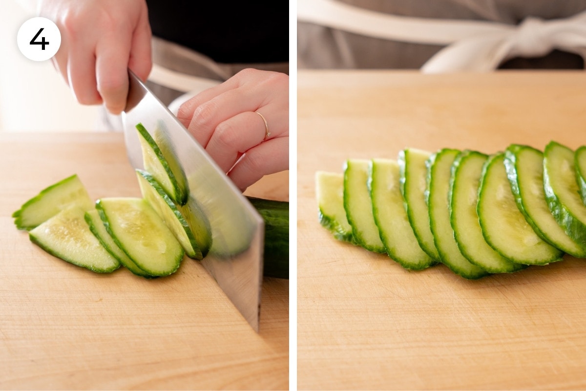 Recipe step 4: Cindy cutting half of an English cucumber into ¼-inch (6-mm) thin slices at an angle on the left and the slices fanned out on the cutting board shown on the right.