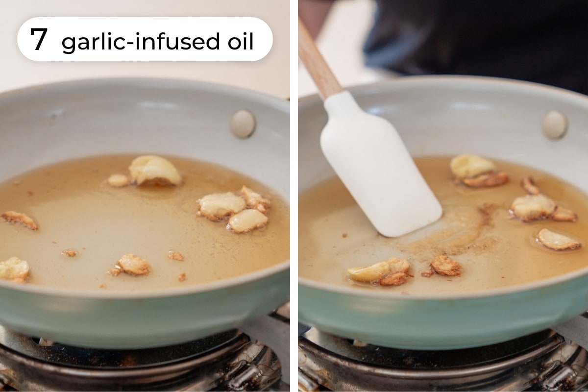 Recipe step 7 - garlic-infused oil: Four cloves of slightly smashed garlic in a small fry pan, sizzling in a mixture of oil over low heat on the left and Cindy stirring in salt, sugar, and ground white pepper into the oil with a rubber spatula on the right.