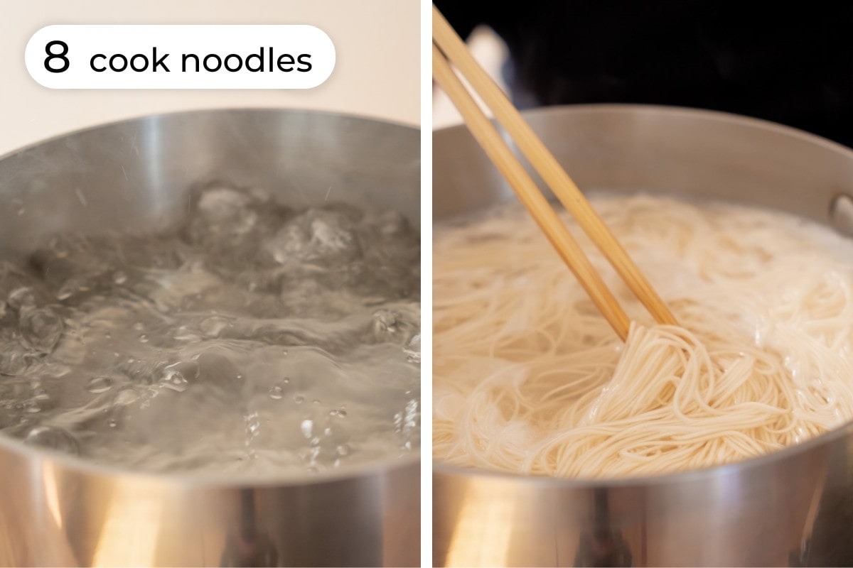 Recipe step 8 - cook noodles: A medium saucepan filled with boiling water on the left and Cindy stirring thin Taiwanese noodles in the simmering water on the right.
