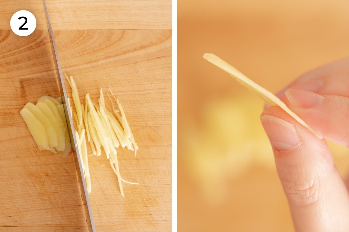 Recipe step 2: One image of thin slices of ginger fanned out on a cutting board and being cut into thin strips from right to left, and another image of a close-up view of a slice of ginger showing the thickness.