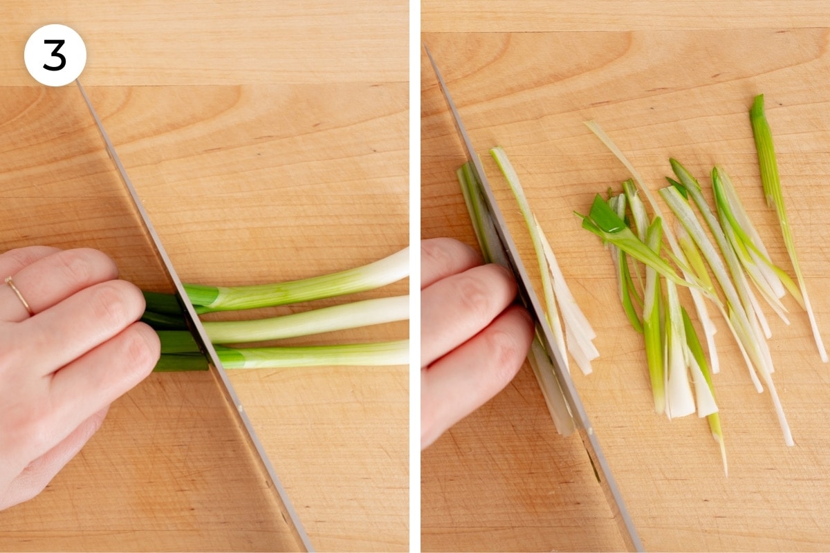 Recipe step 3: Cindy cutting scallions in half (separating the white and green portions) on the left and thinly slicing the scallions on the right.