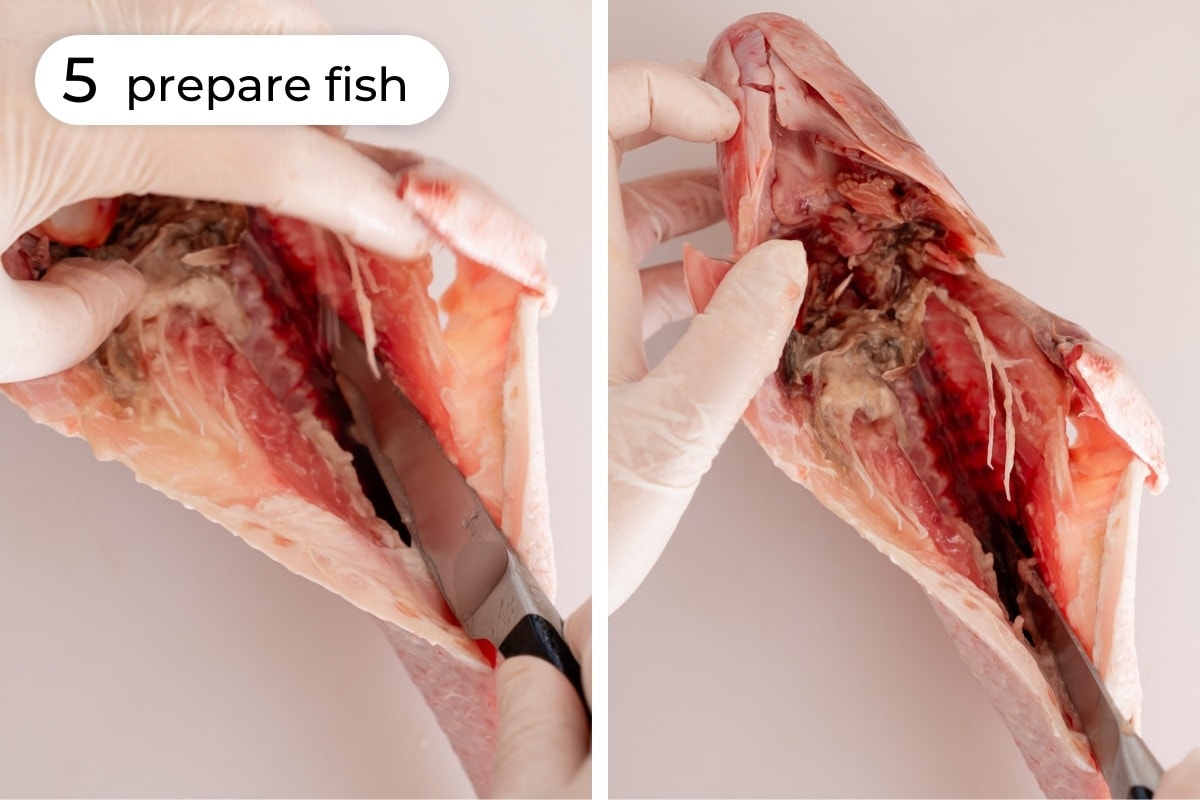Recipe step 5 - prepare fish: Cindy using a pairing knife to scrape away any blood inside the fish near the backbone, scraping inside along both sides of the backbone from head to tail.