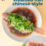 Top-down view of a steamed whole fish on a white plate with sauce and topped with fresh cilantro, scallions and ginger, a close-up view of a piece of fish dipped in sauce, and text, "tender and flavorful steamed fish chinese-style" and "the sound of cooking dot com."
