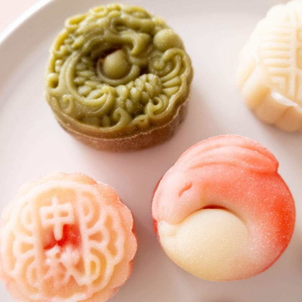 A close-up of four intricately designed snowskin mooncakes on a white plate. The mooncakes have ornate patterns and come in different colors: a green one with a dragon design, a white one with Chinese characters meaning "mid-autumn," an elegant pink and white rabbit-shaped one, and an off-white one with a traditional Chinese pattern.
