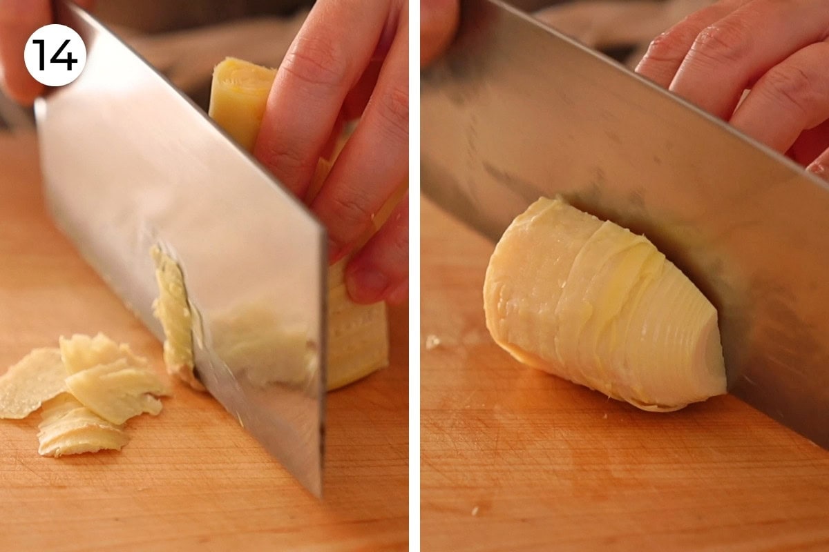 Recipe step 14 - Cindy using a vegetable cleaver to slice the peel off of the base of a bamboo shoot in a downward motion, then cutting the fully peeled shoot in half lengthwise.