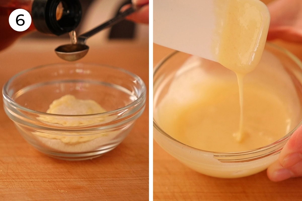 Recipe step 6 - Two images of a small glass sauce bowl; the left shows rice vinegar being added, and the right shows a close-up of the mixed dressing dripping from a small silicone spatula.