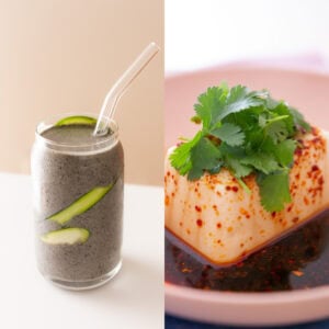 A split image shows a glass of black sesame tofu smoothie with zucchini ribbons and a glass straw on the left, and a block of silken tofu topped with cilantro and chili oil on the right.
