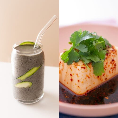 A split image shows a glass of black sesame tofu smoothie with zucchini ribbons and a glass straw on the left, and a block of silken tofu topped with cilantro and chili oil on the right.
