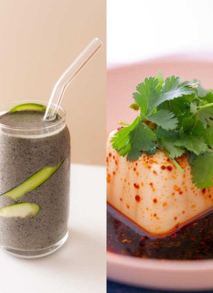 A split image shows a glass of black sesame tofu smoothie with zucchini ribbons and a glass straw on the left, and a block of silken tofu topped with cilantro and chili oil on the right.