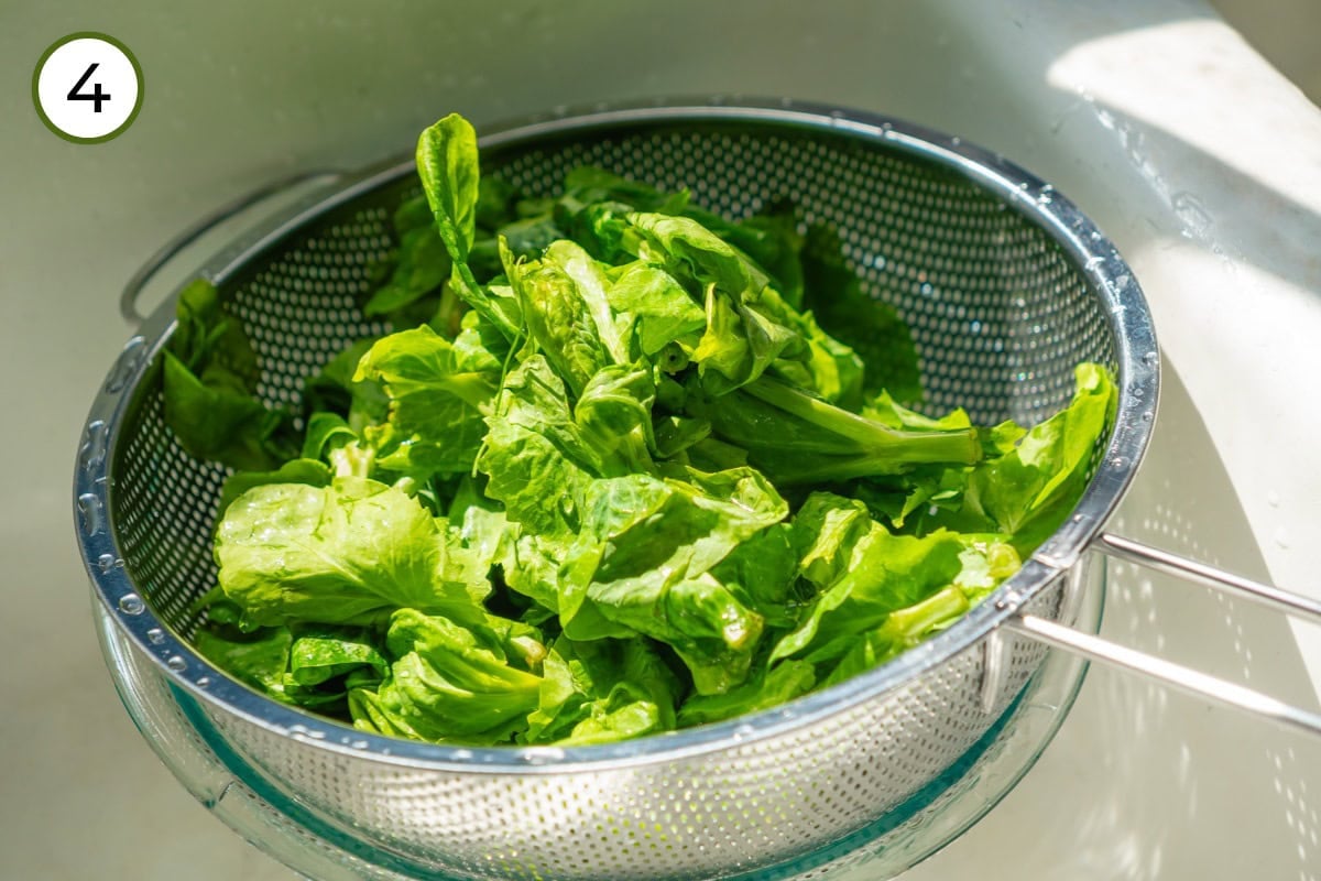 Wash pea shoots step 4 - A metal colander filled with washed snow pea shoots draining over the large glass bowl in a sink under natural light.