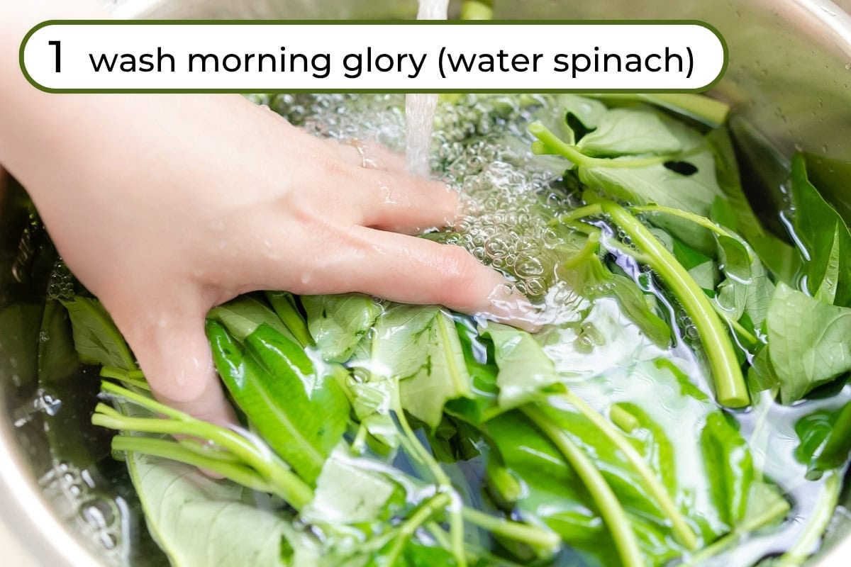 Wash morning glory step 1 - washing morning glory in a metal bowl filled with water in a kitchen sink, with text "1 wash morning glory (water spinach)" in the upper left corner.