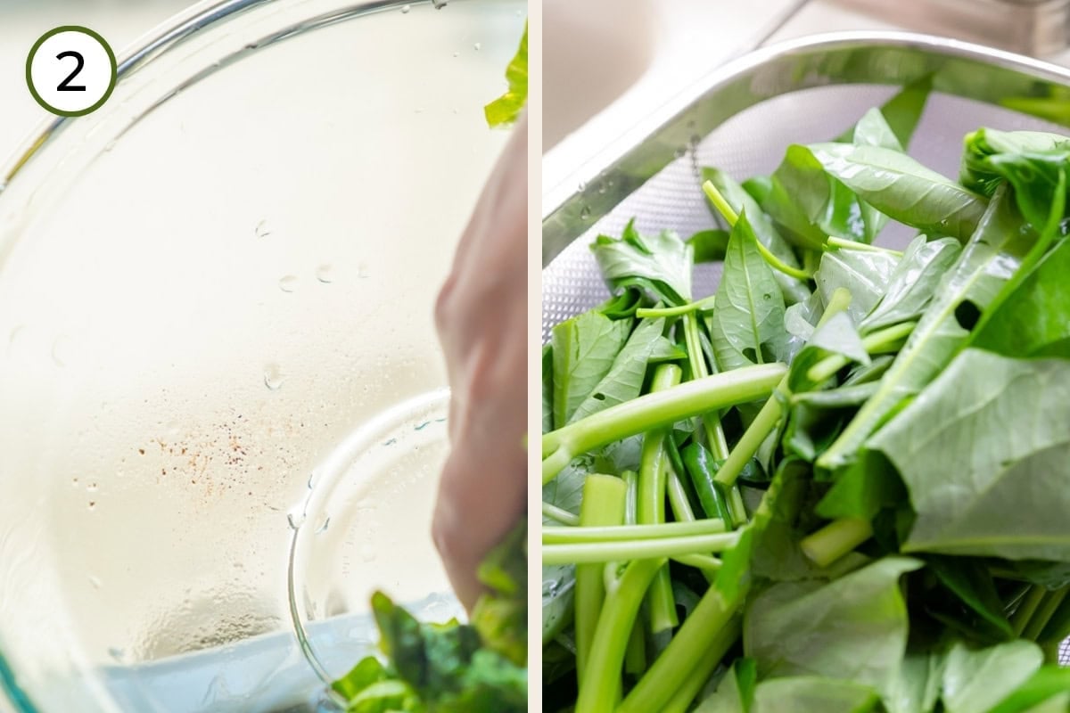 Wash morning glory step 2 - Two-panel image: On the left, Cindy is holding back the rinsed morning glory to one side of the large mixing bowl while draining the water into the sink, showing dirt on the bottom of the bowl. On the right, the washed vegetables rest in a colander.